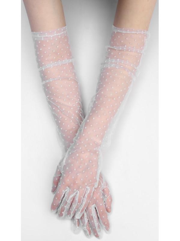 Карнавальные перчатки, цвет белый в горох, длинные