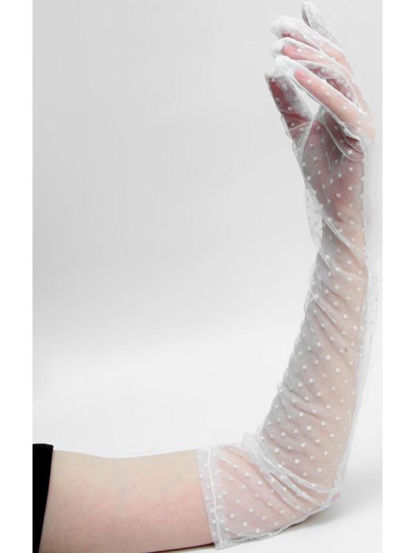 Карнавальные перчатки, цвет белый в горох, длинные