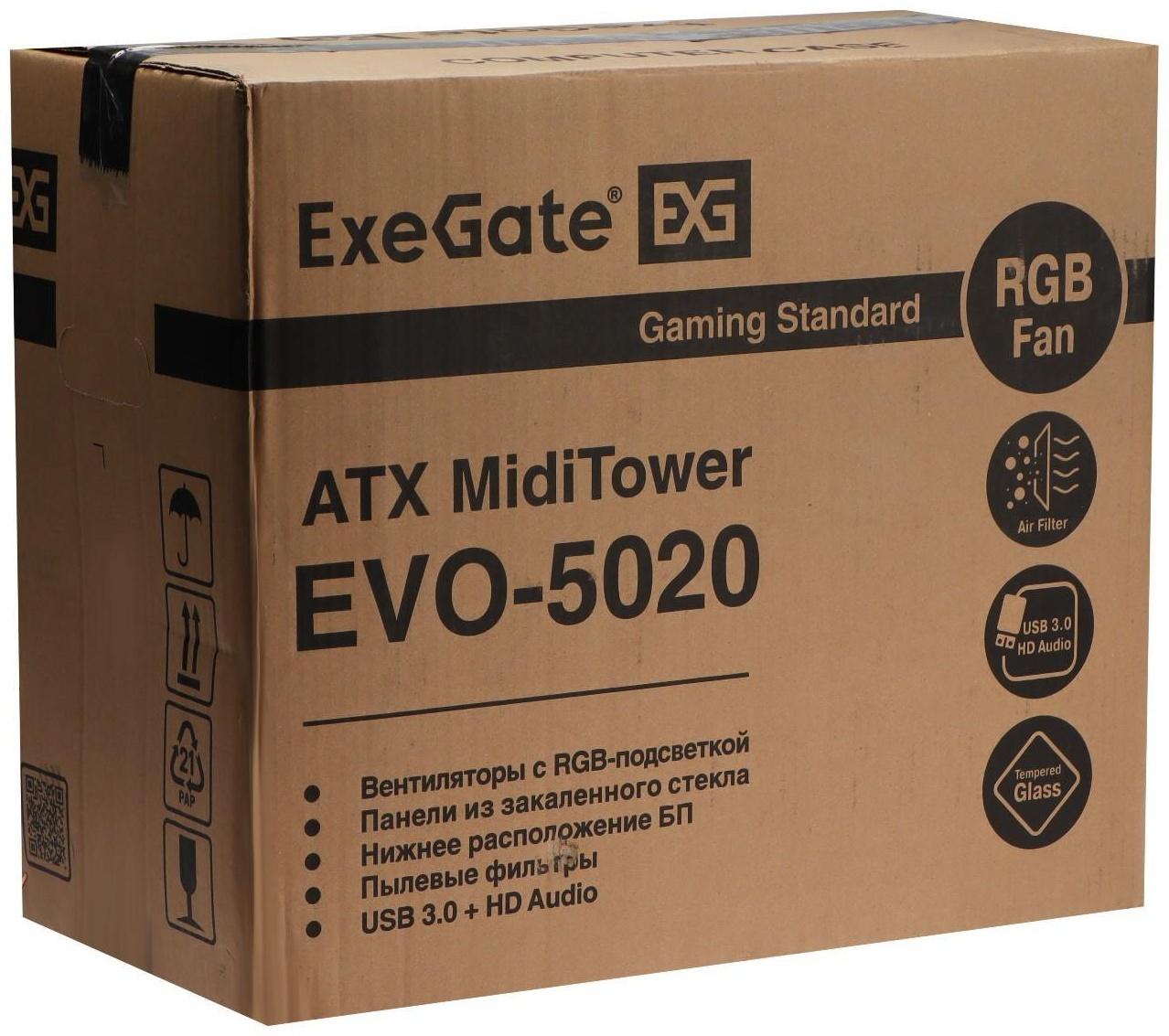Корпус ExeGate Miditower EVO-5020, без БП, ATX, 2хUSB 2.0, 1хUSB 3.0, подсветка, чёрный