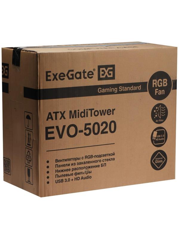 Корпус ExeGate Miditower EVO-5020, без БП, ATX, 2хUSB 2.0, 1хUSB 3.0, подсветка, чёрный