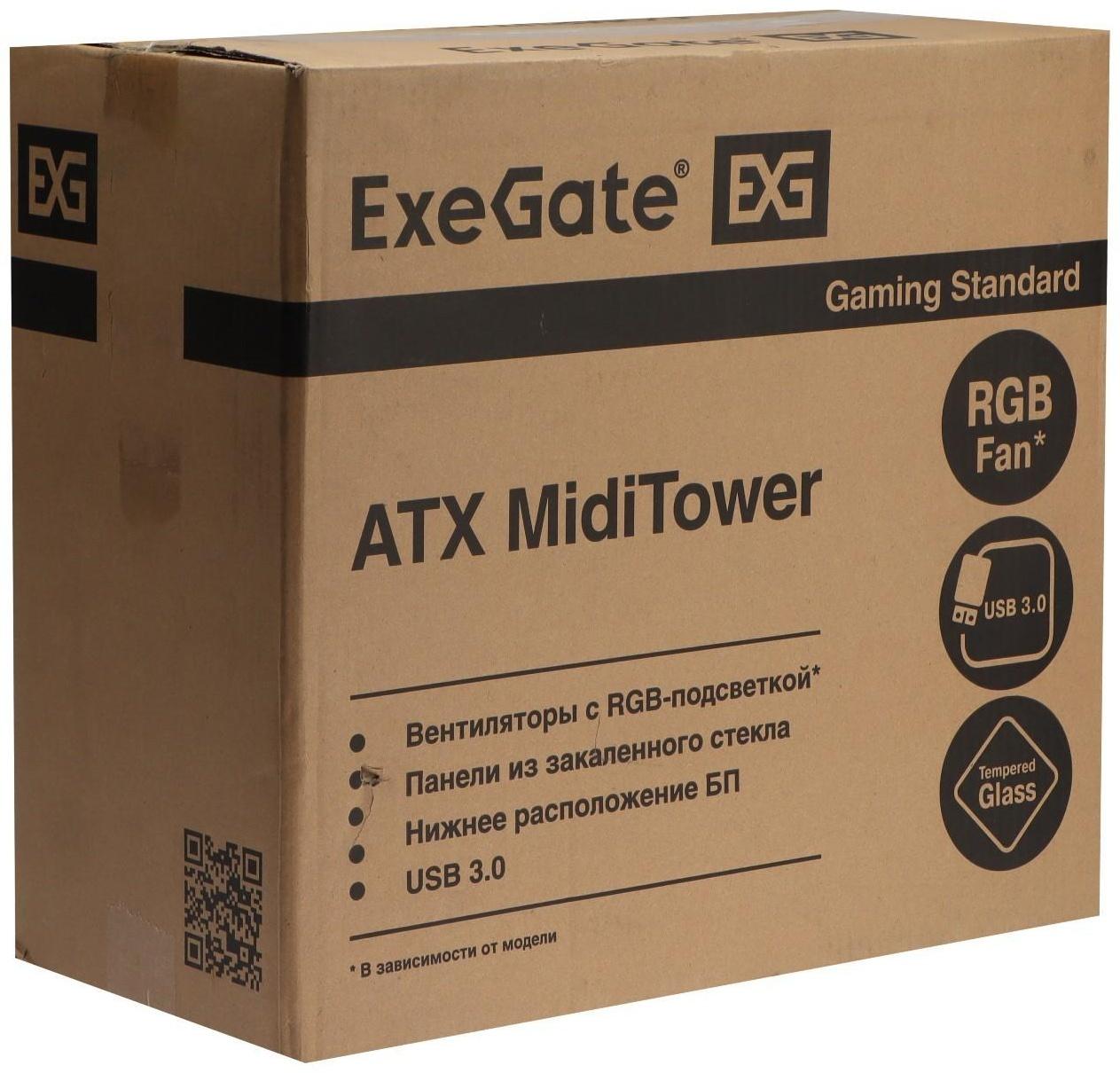 Корпус ExeGate Miditower EVO-8225, без БП, ATX, 2хUSB 2.0, 1хUSB 3.0, подсветка, чёрный