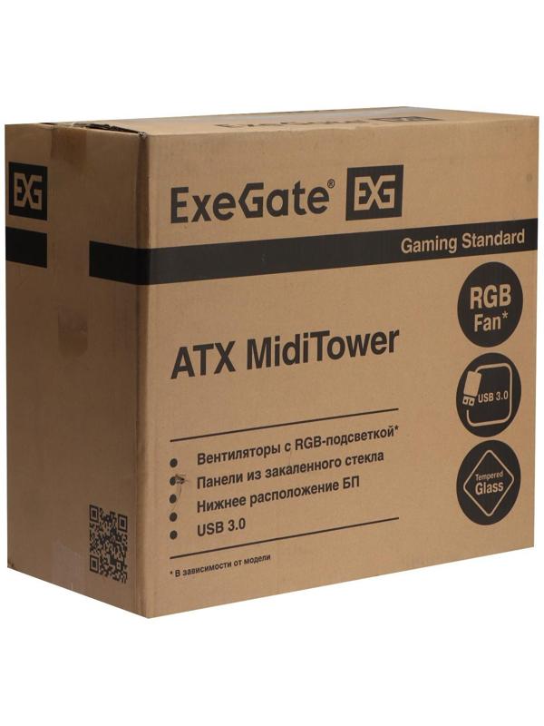 Корпус ExeGate Miditower EVO-8225, без БП, ATX, 2хUSB 2.0, 1хUSB 3.0, подсветка, чёрный