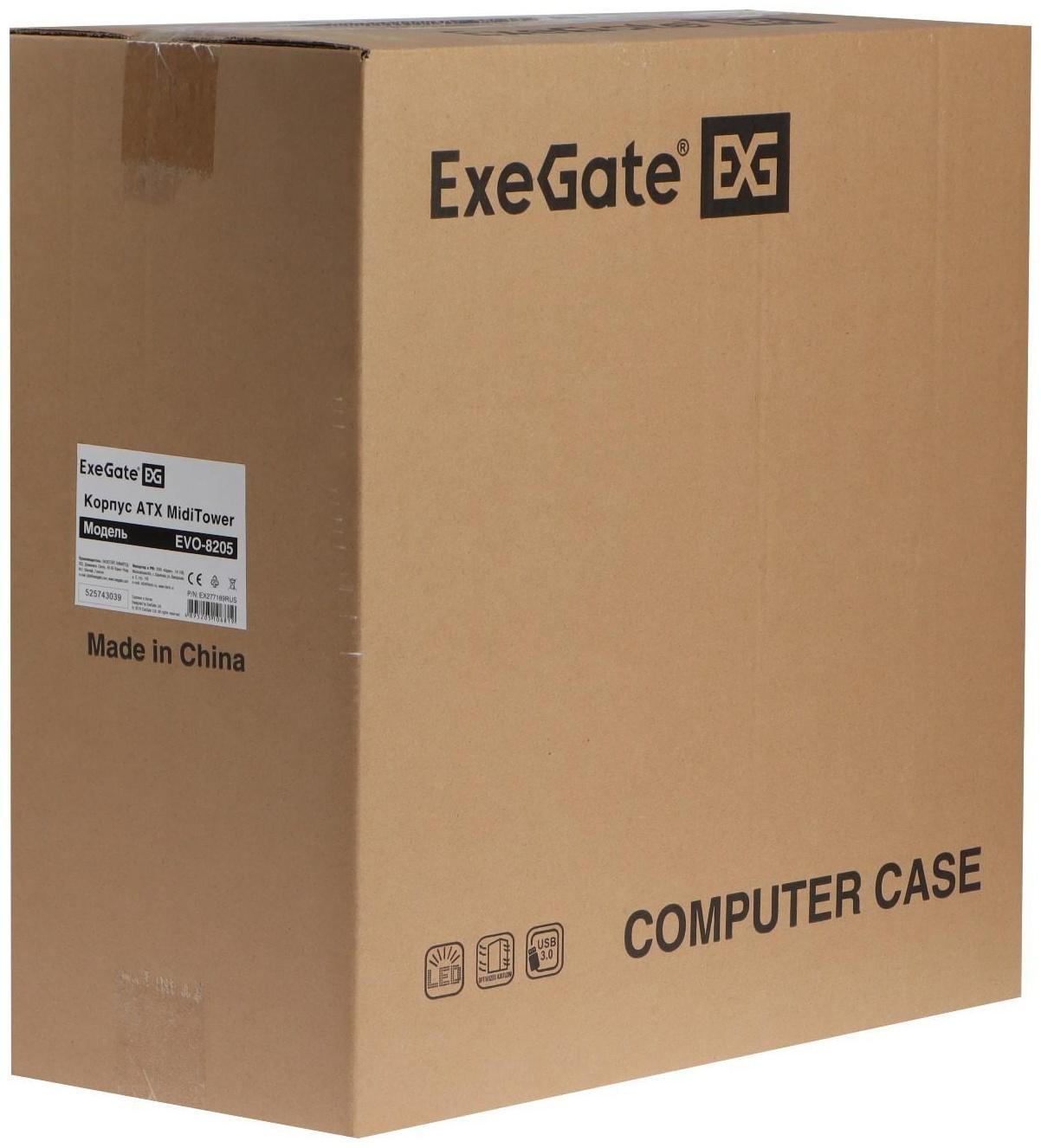 Корпус ExeGate Miditower EVO-8205, без БП,ATX,1хUSB2.0, 1хUSB3.0,чёрный с голубой подсветкой