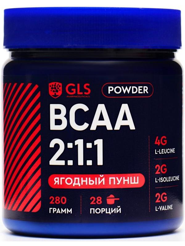 BCAA 2:1:1 аминокислоты для набора массы GLS со вкусом ягодного пунша, 280 г