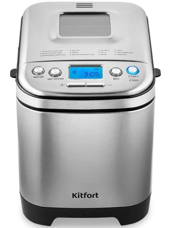 Хлебопечь Kitfort КТ-306, 450 Вт, 12 программ, до 0.75 кг, выбор цвета корочки, серебристая