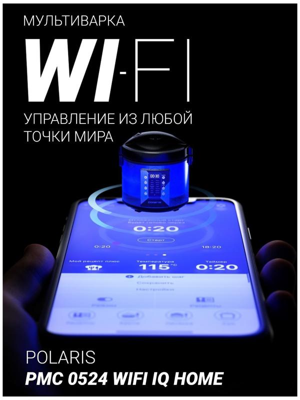 Мультиварка Polaris PMC 0524, 750 Вт, 5 л, 45 программ, серебристо-чёрная