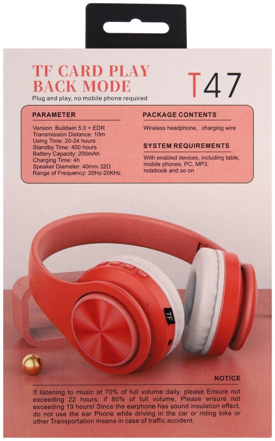 Наушники Т47, беспроводные, полноразмерные, BT, microSD, FM, микрофон, AUX, оранжевые