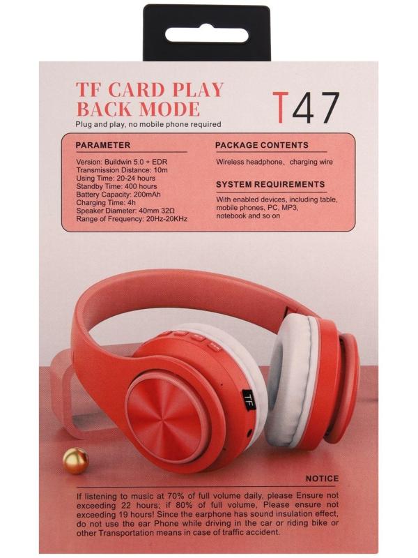 Наушники Т47, беспроводные, полноразмерные, BT, microSD, FM, микрофон, AUX, оранжевые