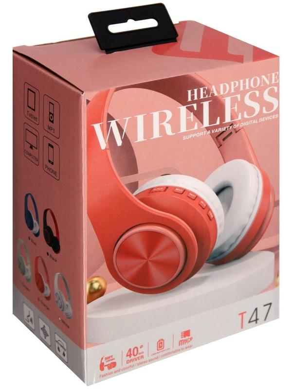Наушники Т47, беспроводные, полноразмерные, BT, microSD, FM, микрофон, AUX, оранжевые
