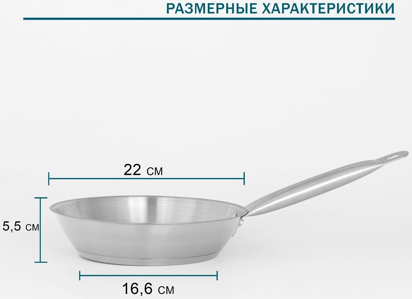 Сковорода из нержавеющей стали Hanna Knövell, d=22 см, h=5,5 см, толщина стенки 0,6 мм, длина ручки 21,5 см, индукция