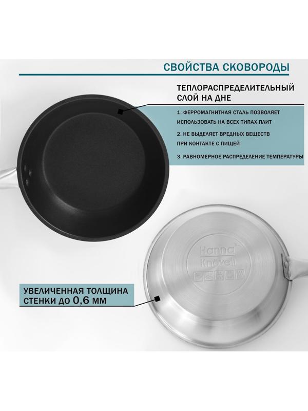 Сковорода из нержавеющей стали Hanna Knövell, d=26 см, h=5 см, толщина стенки 0,6 мм, длина ручки 25 см, антипригарное покрытие, индукция