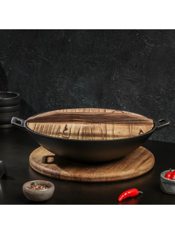 Сковорода-ВОК чугунная Magma «Хемминг», 31×8 см, с деревянной крышкой
