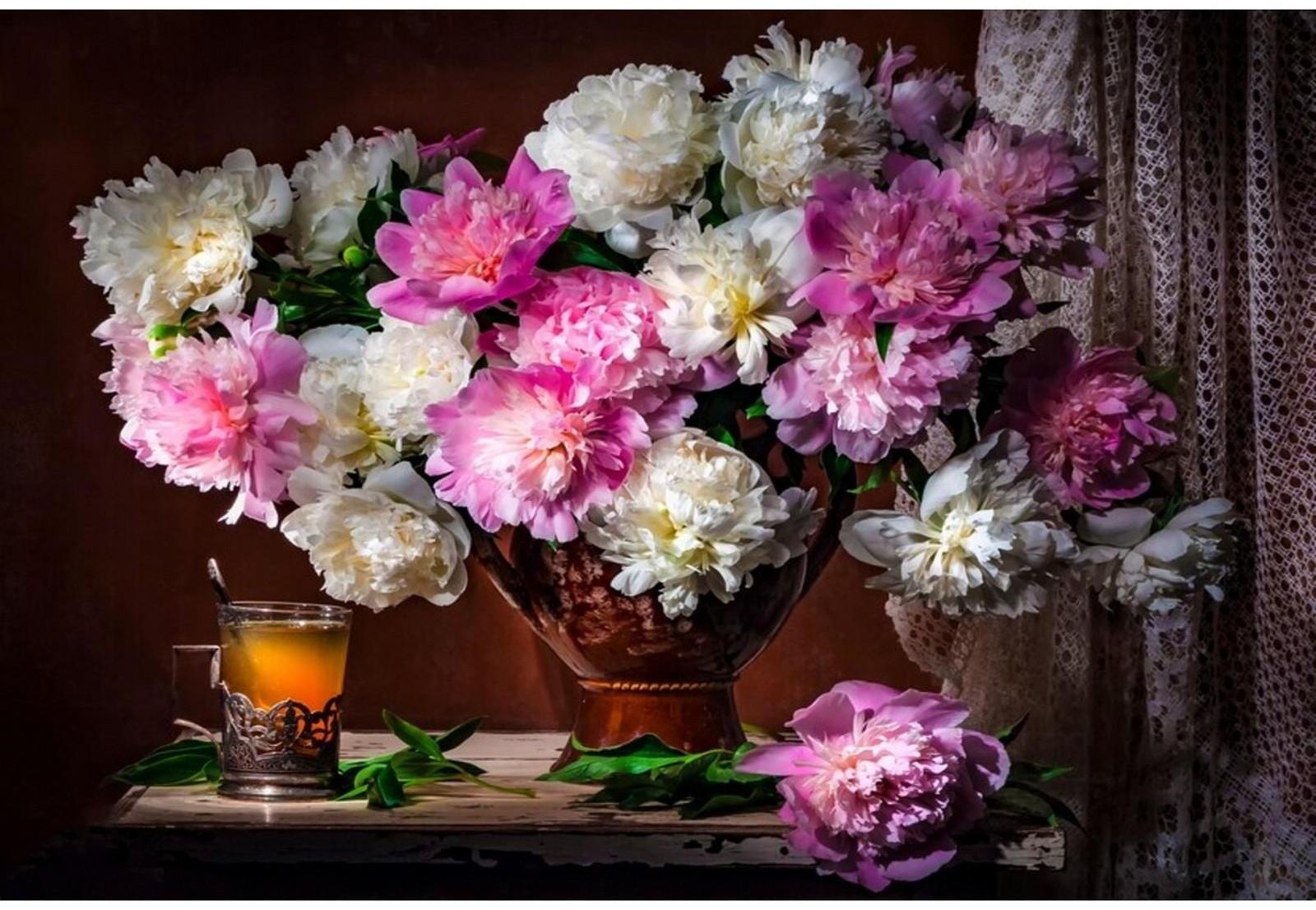 Холст с красками 30 × 40 см, по номерам «Нежные пионы и цветочный чай»