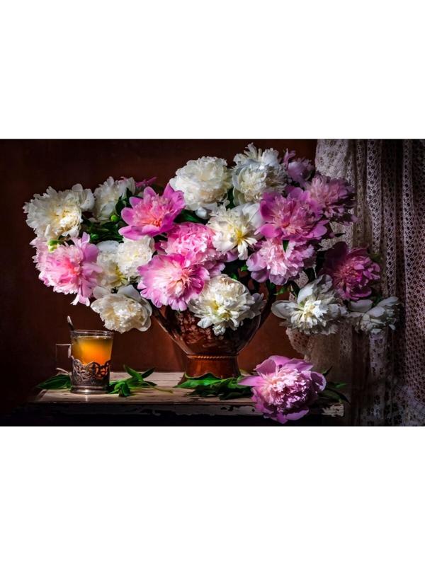 Холст с красками 30 × 40 см, по номерам «Нежные пионы и цветочный чай»