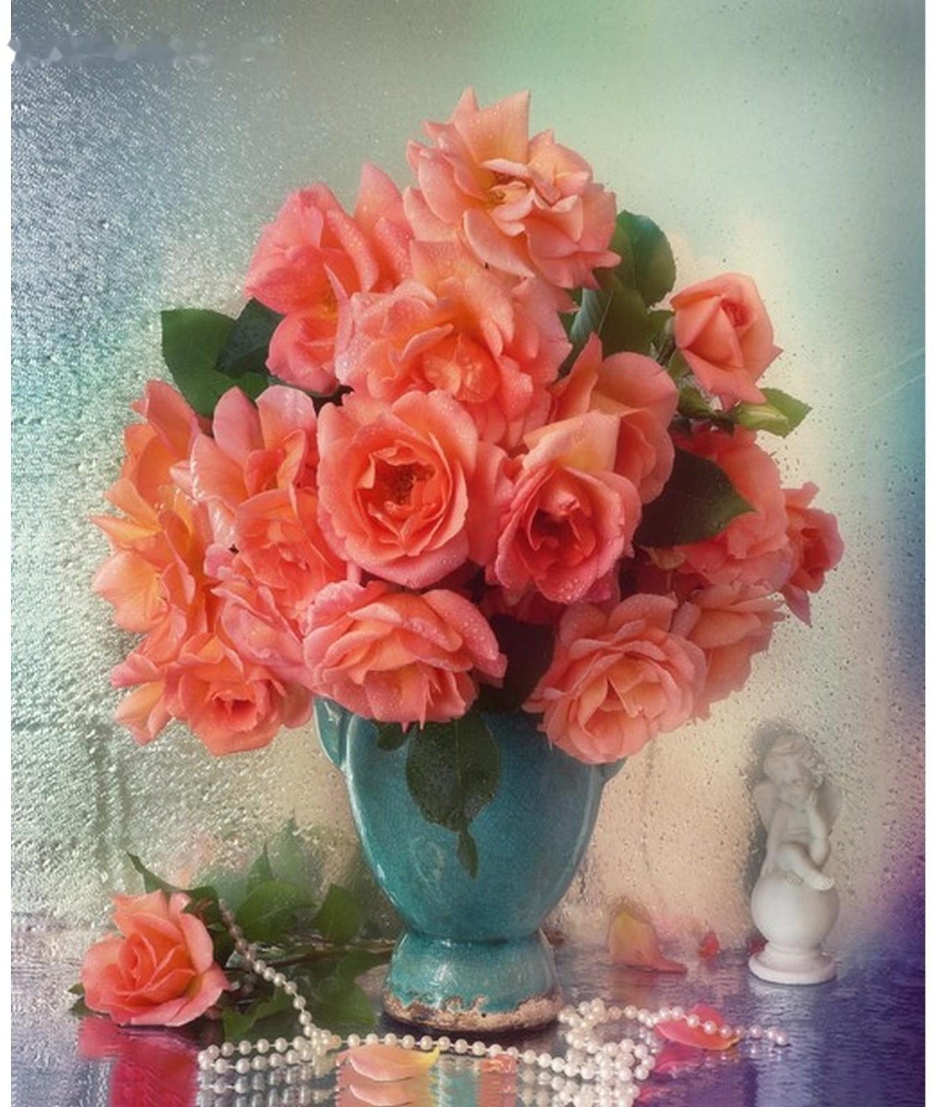 Холст с красками 30 × 40 см, по номерам «Розовые розы и натуральный жемчуг»