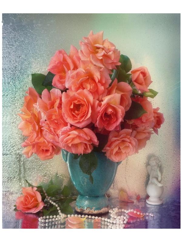 Холст с красками 30 × 40 см, по номерам «Розовые розы и натуральный жемчуг»