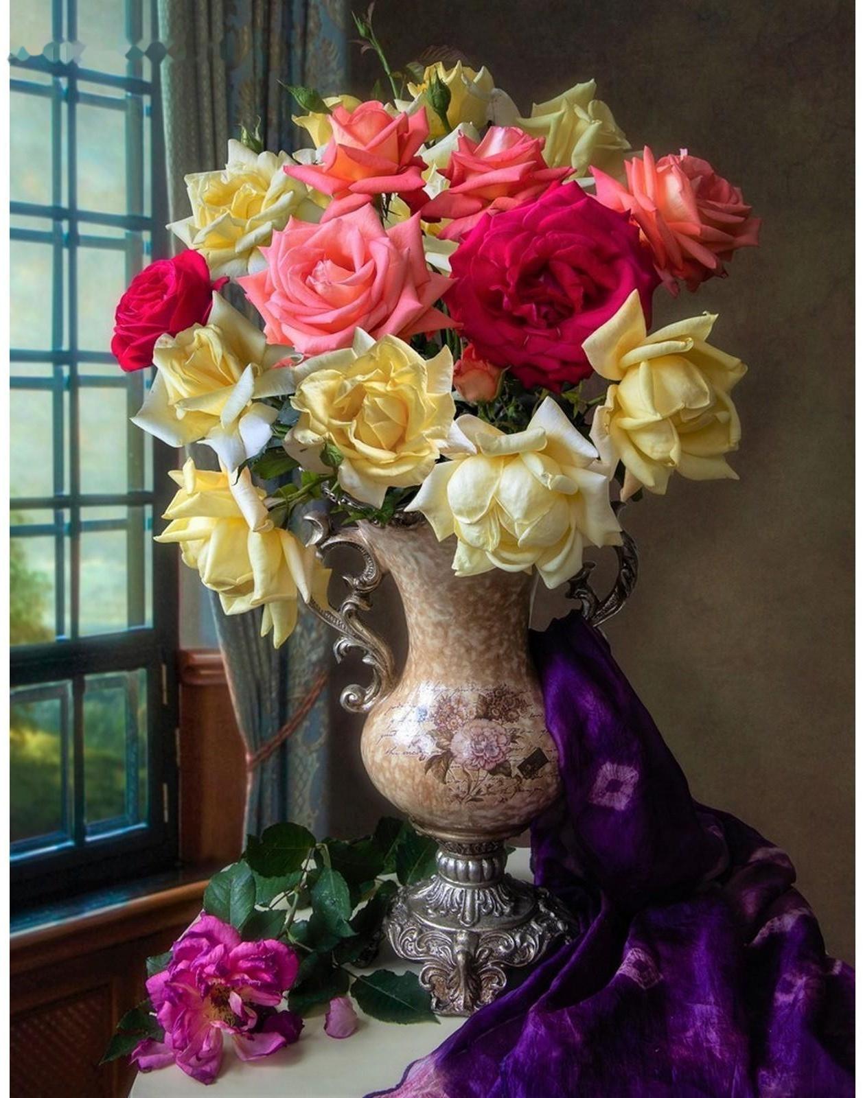 Холст с красками 30 × 40 см, по номерам, 20 цв. «Домашние розы в красивой вазе»