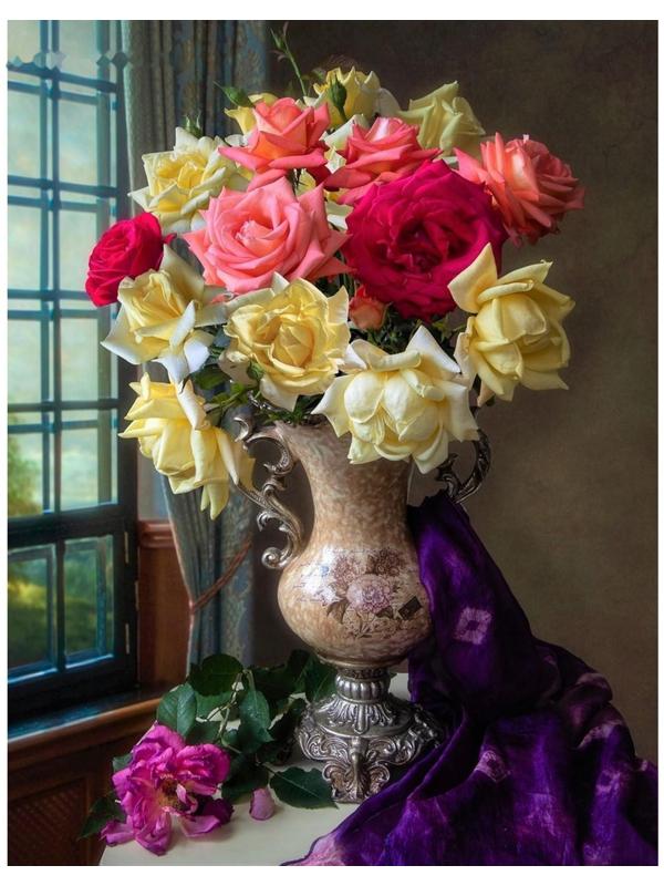 Холст с красками 30 × 40 см, по номерам, 20 цв. «Домашние розы в красивой вазе»