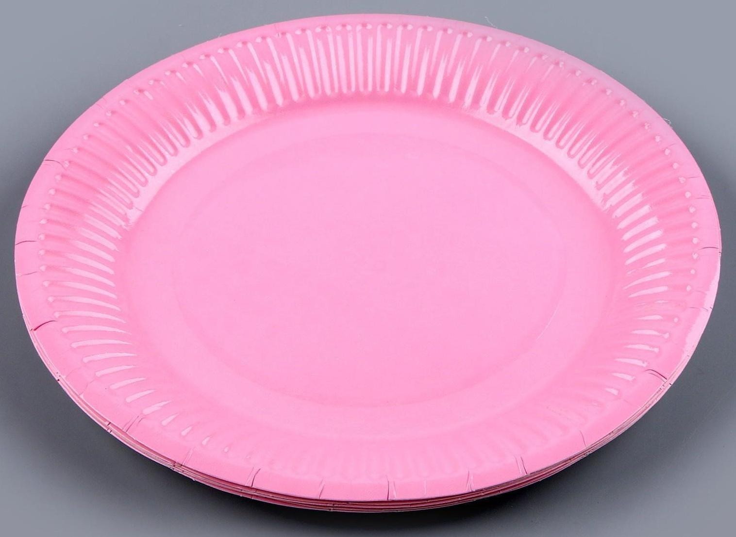 Набор бумажной посуды, 6 тарелок, 6 стаканов, цвет розовый