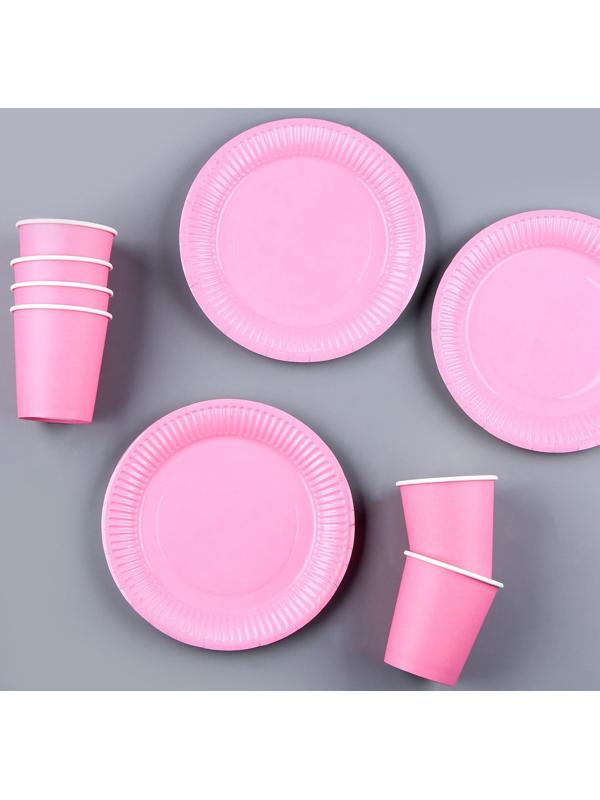 Набор бумажной посуды, 6 тарелок, 6 стаканов, цвет розовый