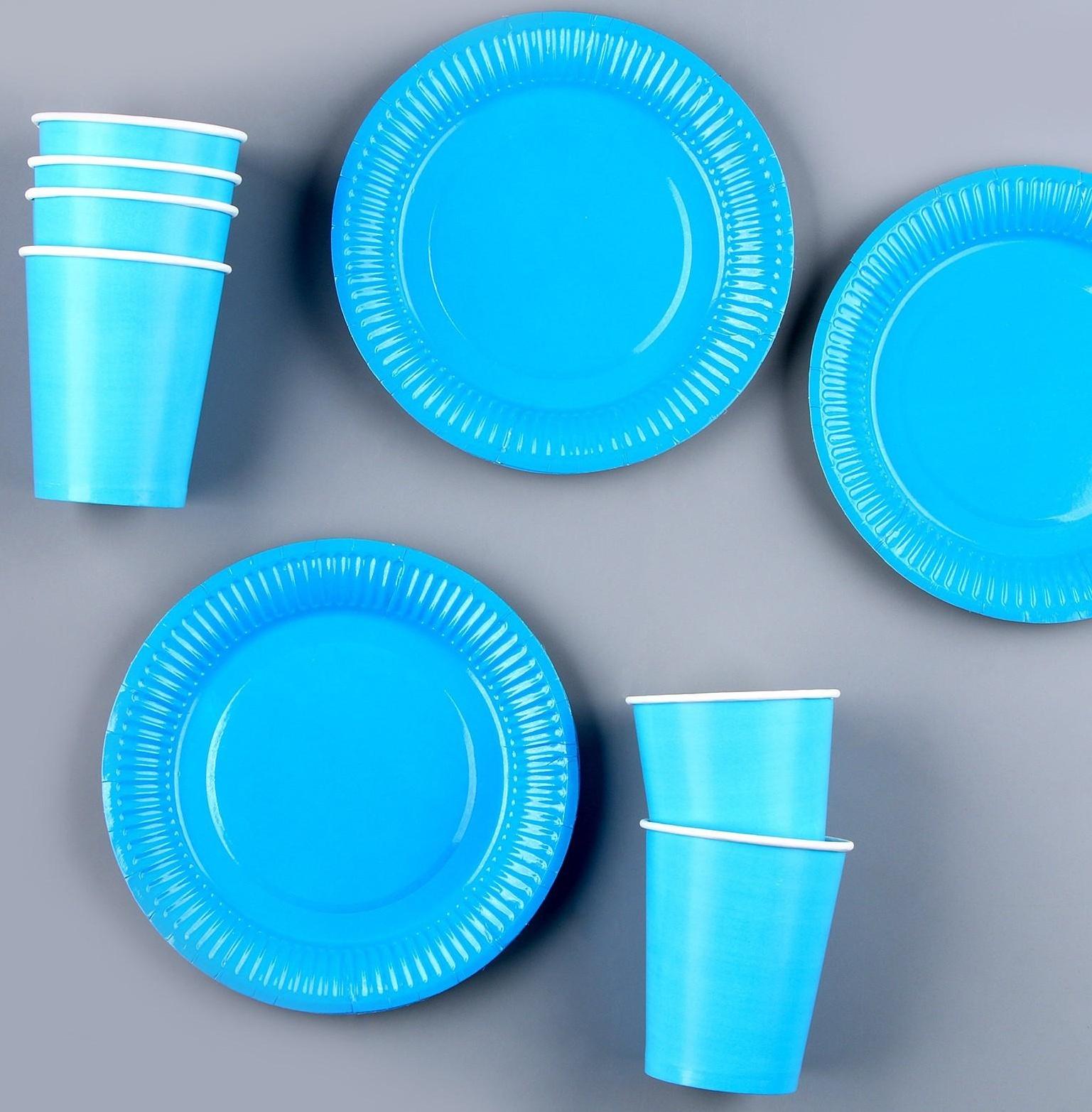 Набор бумажной посуды, 6 тарелок, 6 стаканов, цвет голубой