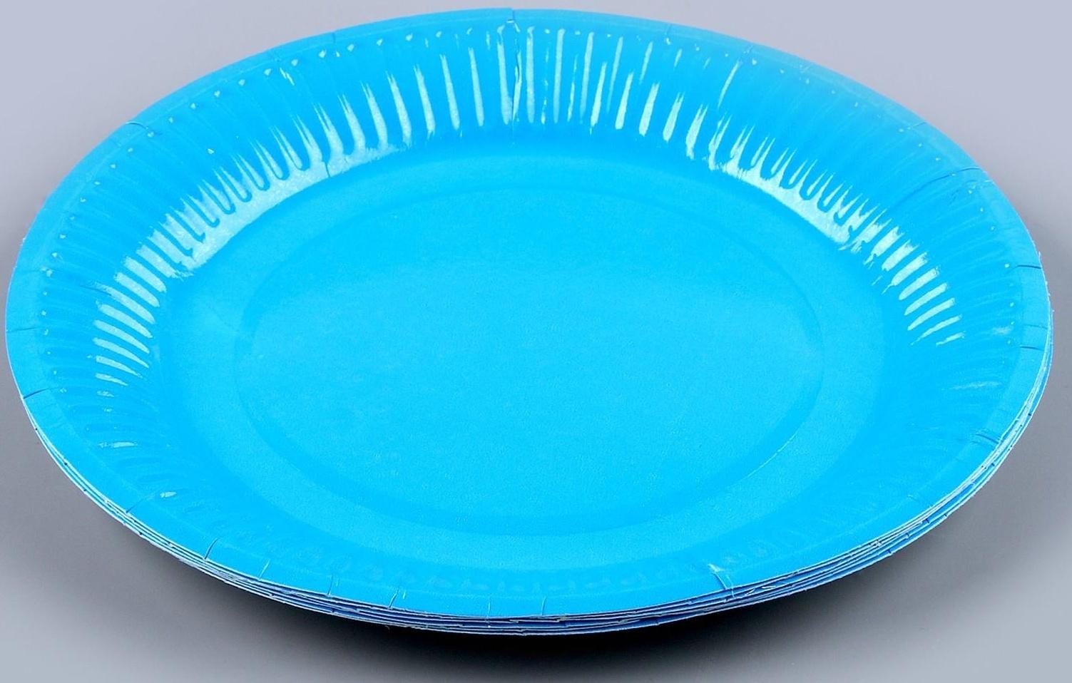 Набор бумажной посуды, 6 тарелок, 6 стаканов, цвет голубой