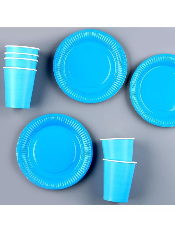 Набор бумажной посуды, 6 тарелок, 6 стаканов, цвет голубой