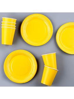 Набор бумажной посуды, 6 тарелок, 6 стаканов, цвет жёлтый