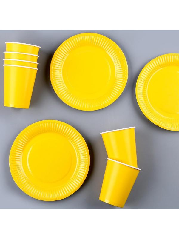 Набор бумажной посуды, 6 тарелок, 6 стаканов, цвет жёлтый