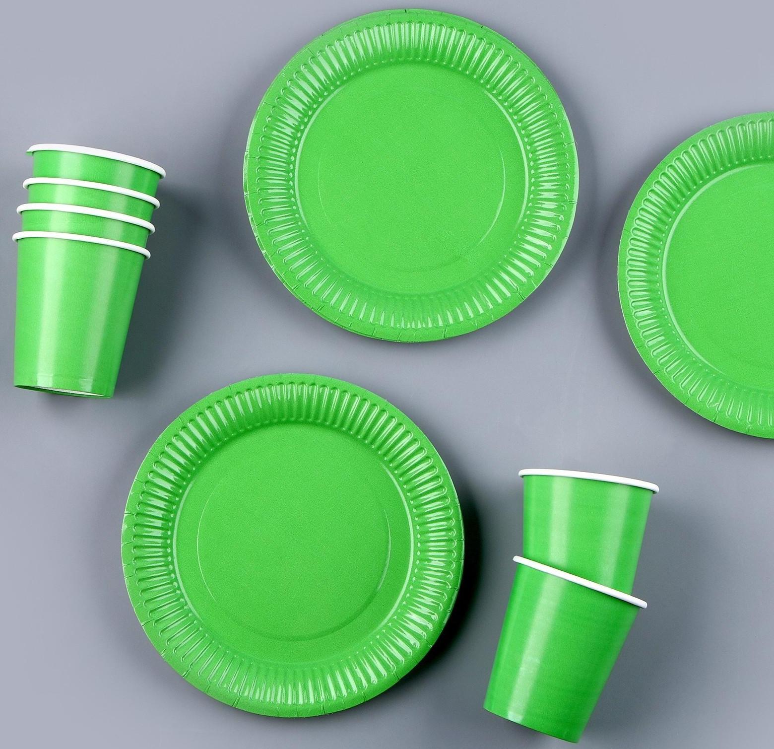 Набор бумажной посуды, 6 тарелок, 6 стаканов, цвет зеленый