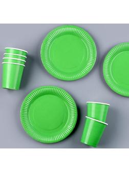 Набор бумажной посуды, 6 тарелок, 6 стаканов, цвет зеленый