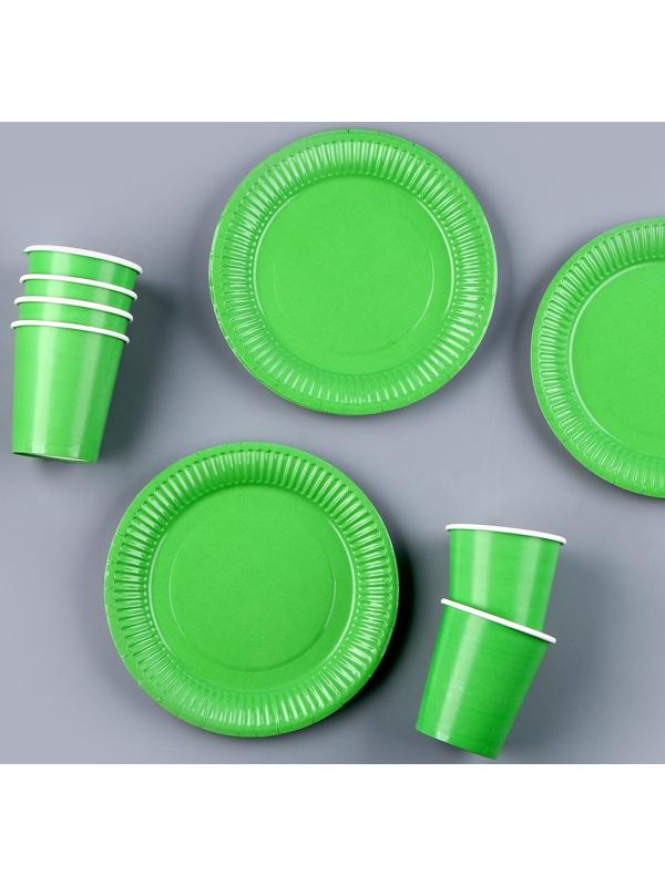 Набор бумажной посуды, 6 тарелок, 6 стаканов, цвет зеленый