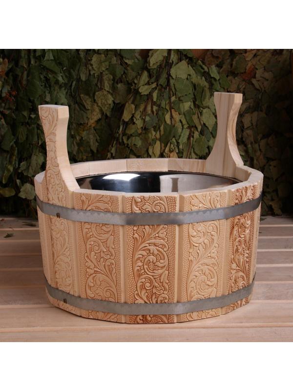 Шайка из липы, 5 л, двуручная,нержавеющая вставка, Русский узор