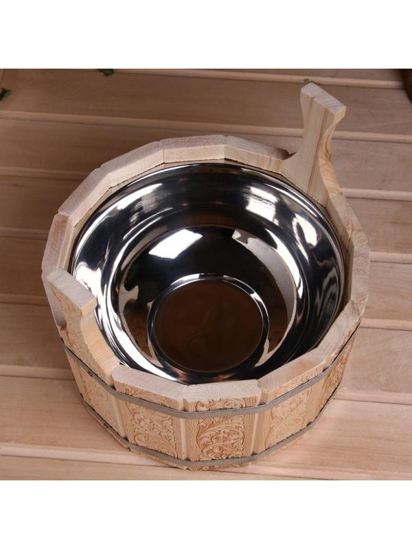 Шайка из липы, 5 л, двуручная,нержавеющая вставка, Русский узор