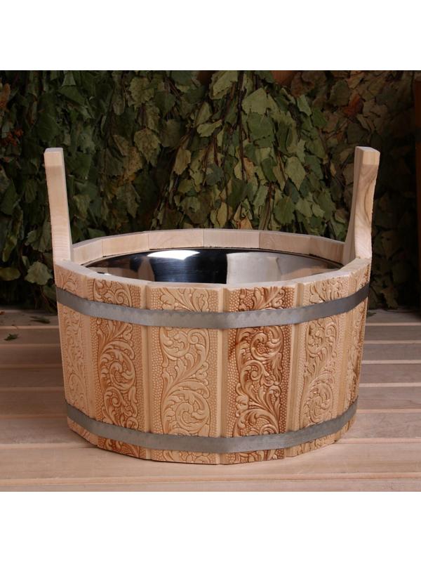 Шайка из липы, 5 л, двуручная,нержавеющая вставка, Русский узор