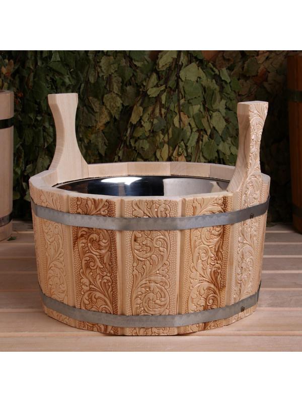 Шайка из липы, 5 л, двуручная,нержавеющая вставка, Русский узор