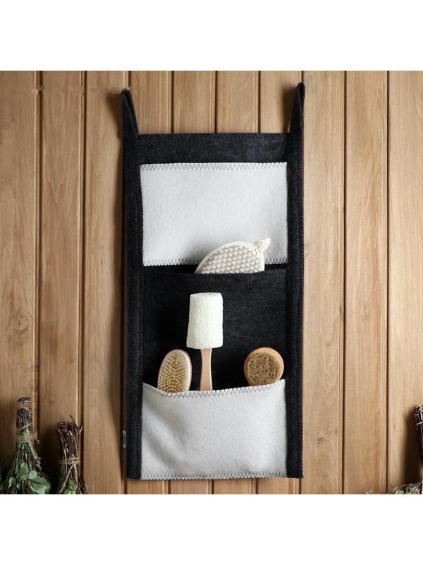 Коврик банный настенный, войлок, 3 кармана 79х36 см черно-белый