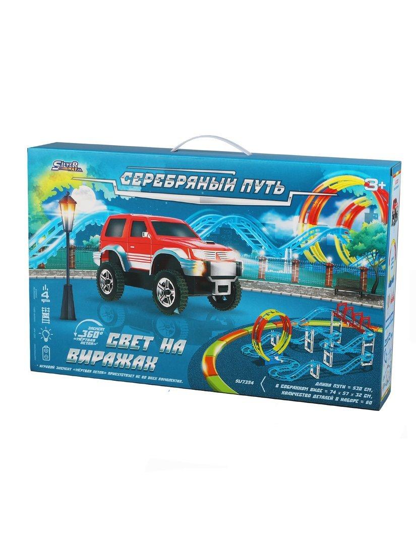 Автотрек эл., 4 уровня, длина пути 530 см, свет, в комплекте деталей 60шт.,
элемент мертвая петля, машина эл., эл.пит.АА*1шт.не вх.в комплект, коробка