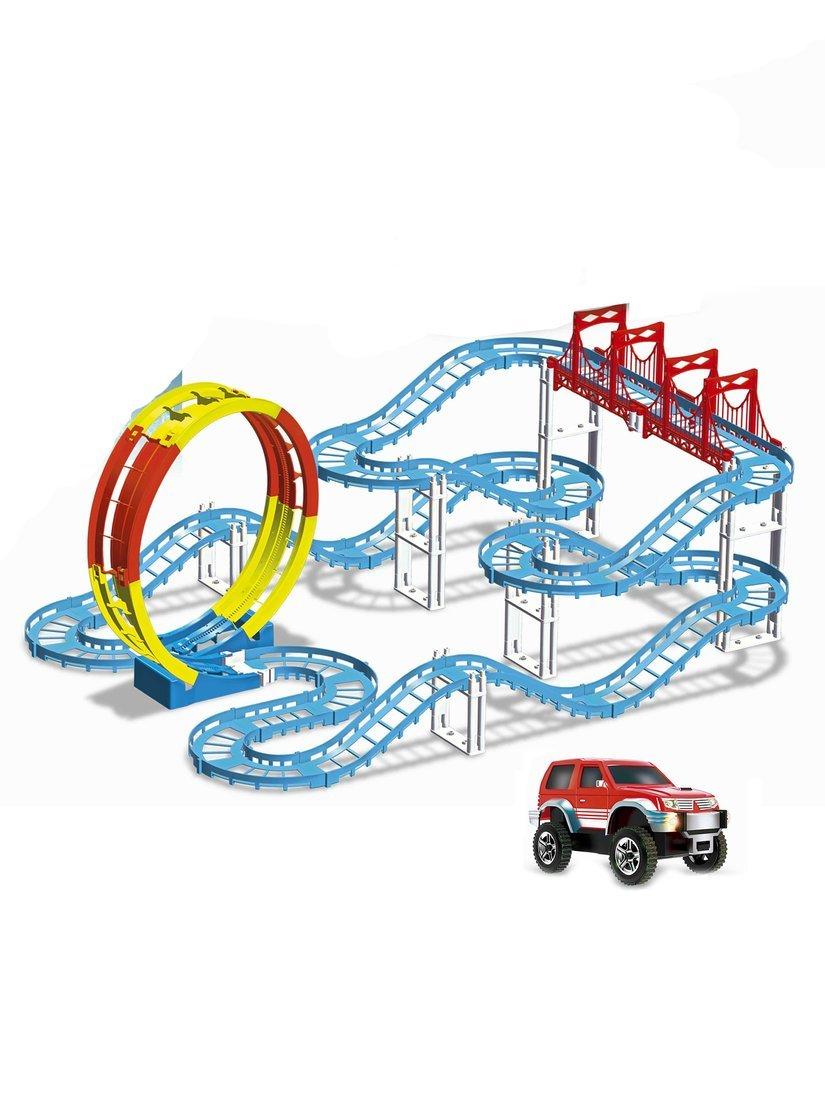 Автотрек эл., 4 уровня, длина пути 530 см, свет, в комплекте деталей 60шт.,
элемент мертвая петля, машина эл., эл.пит.АА*1шт.не вх.в комплект, коробка