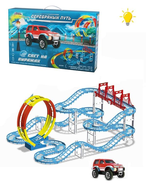 Автотрек эл., 4 уровня, длина пути 530 см, свет, в комплекте деталей 60шт.,
элемент мертвая петля, машина эл., эл.пит.АА*1шт.не вх.в комплект, коробка