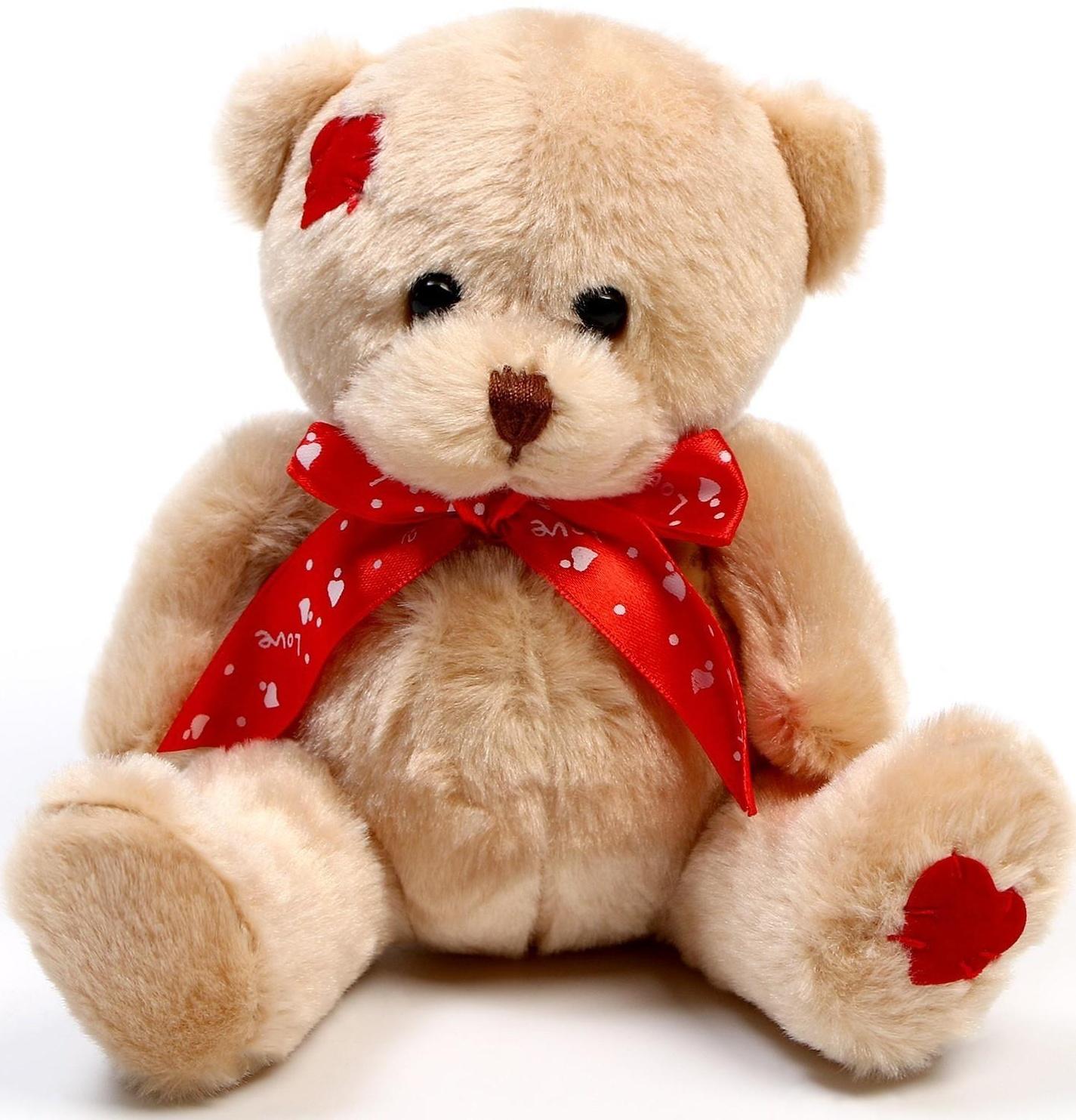 Мягкая игрушка «Медвежонок», с красным бантиком, 16 см, цвет коричневый