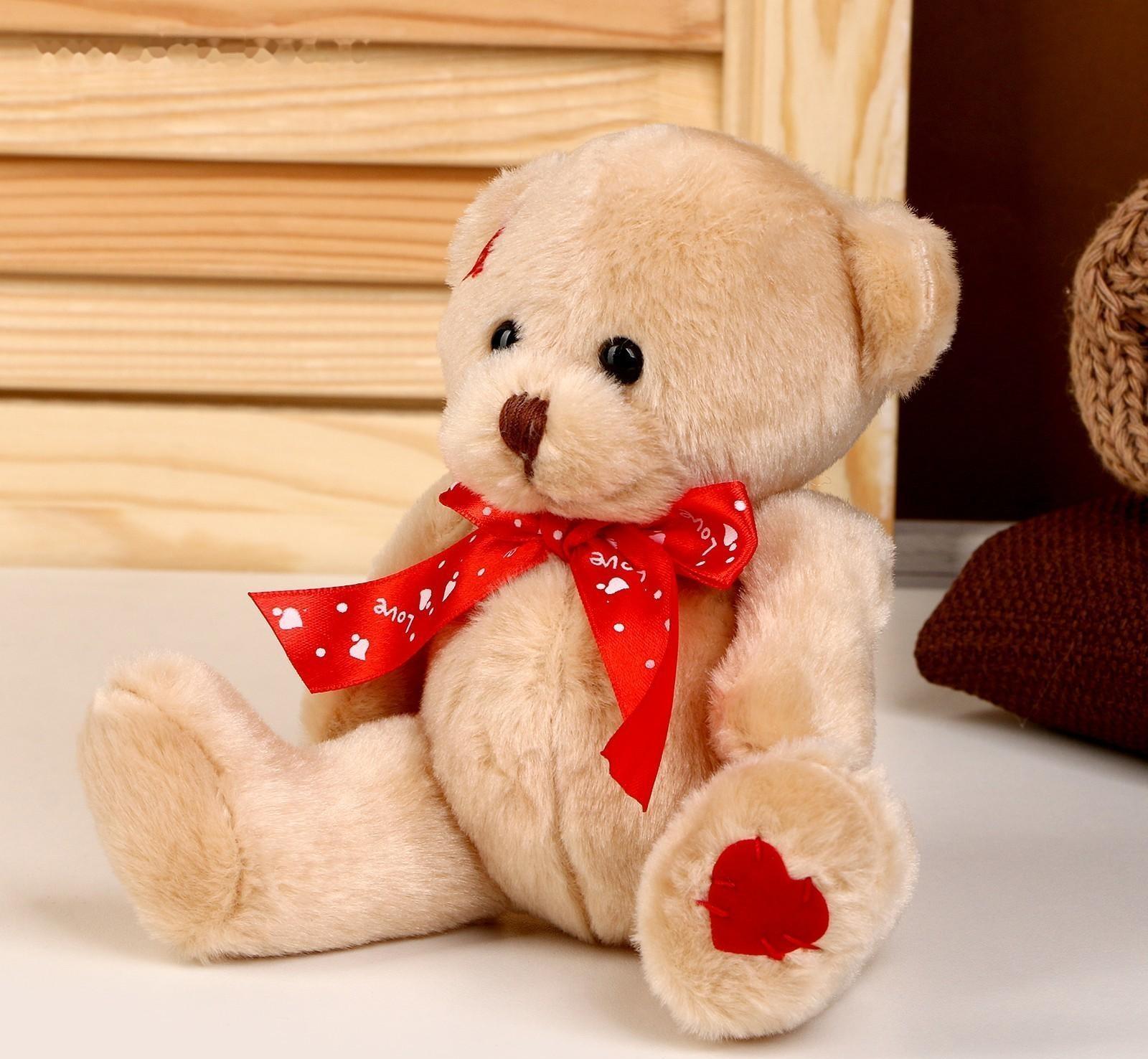 Мягкая игрушка «Медвежонок», с красным бантиком, 16 см, цвет коричневый