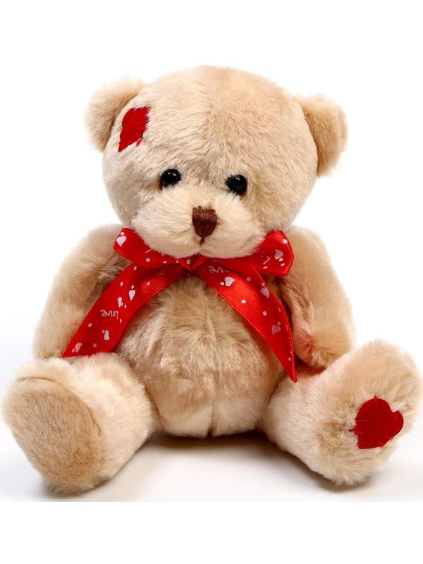 Мягкая игрушка «Медвежонок», с красным бантиком, 16 см, цвет коричневый