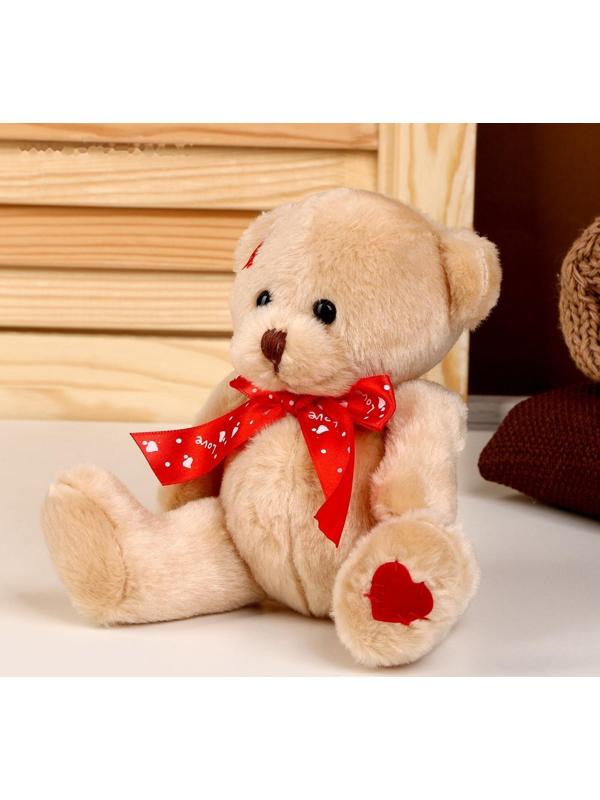 Мягкая игрушка «Медвежонок», с красным бантиком, 16 см, цвет коричневый