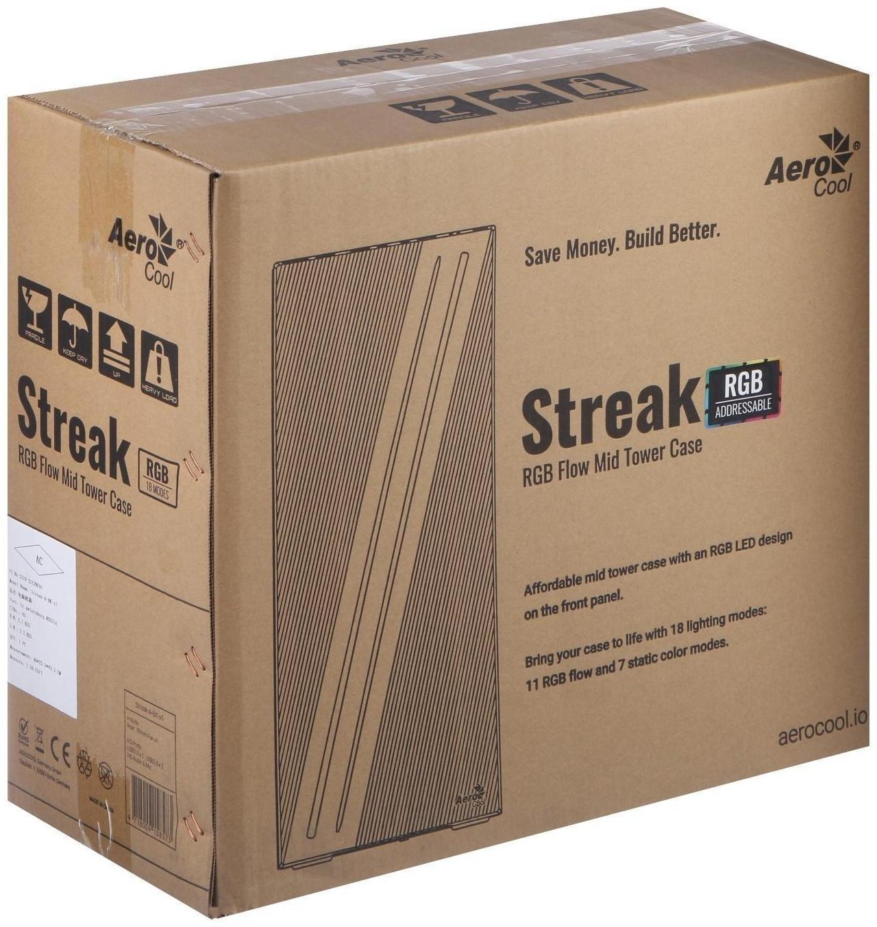 Корпус AEROCOOL Streak Supports GPU, без БП, ATX, 2хUSB 2.0, 1хUSB 3.0, чёрный