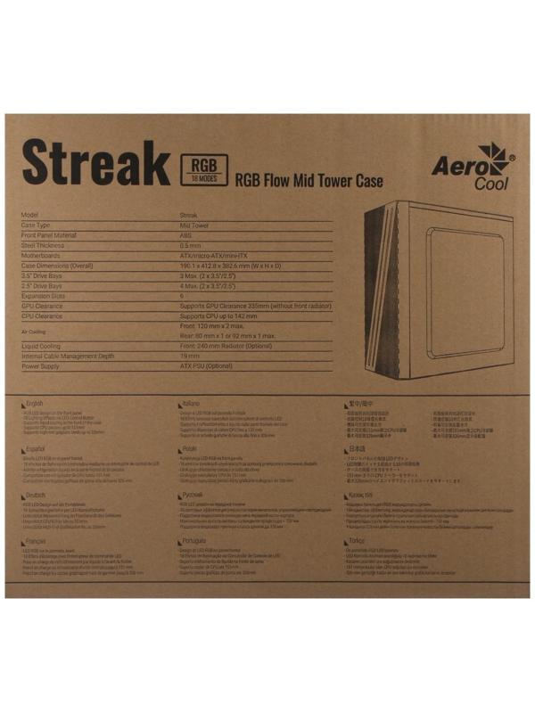 Корпус AEROCOOL Streak Supports GPU, без БП, ATX, 2хUSB 2.0, 1хUSB 3.0, чёрный