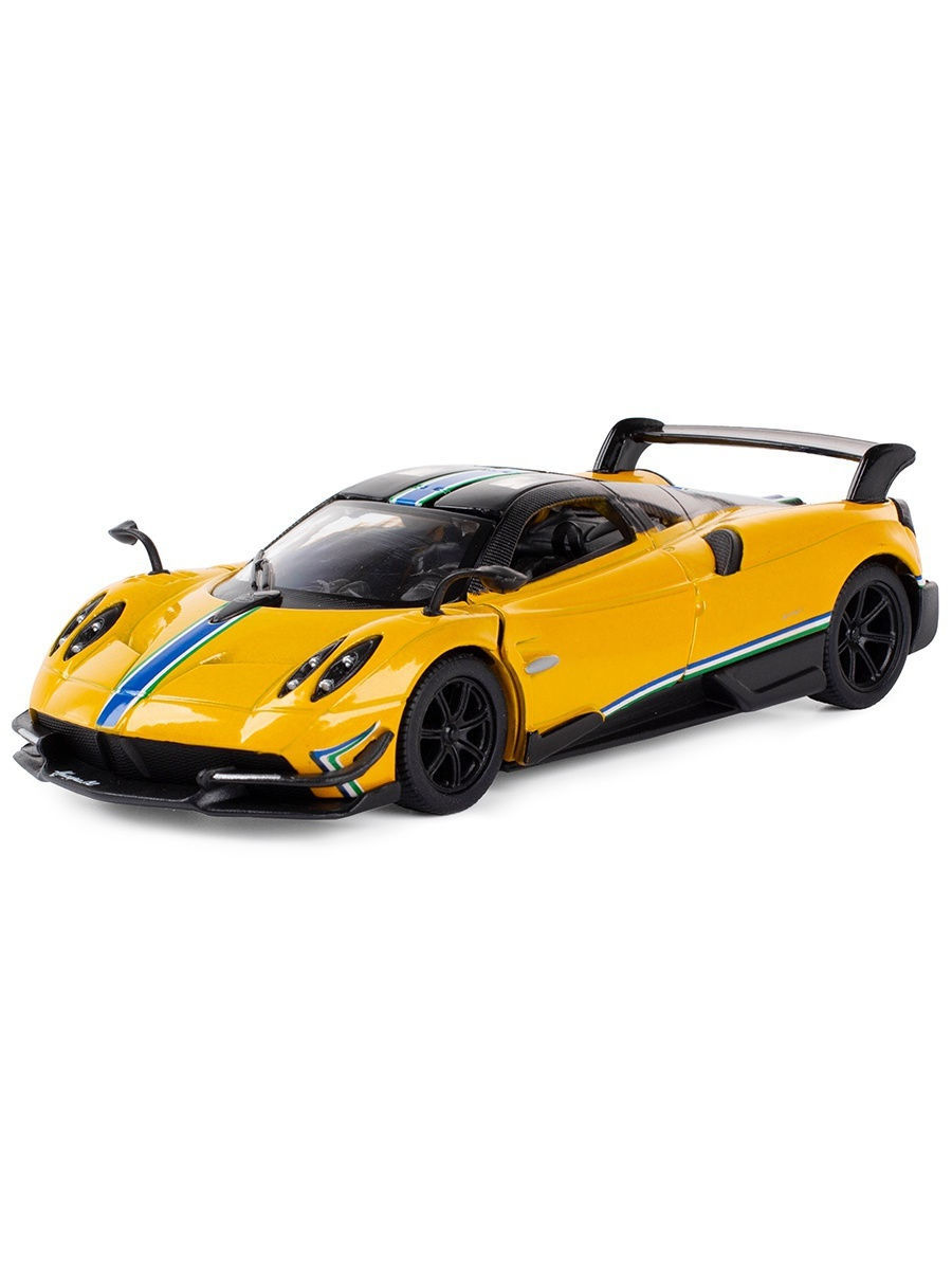 Металлическая машинка Kinsmart 1:38 «2016 Pagani Huayra BC с принтом» KT5400DF, инерционная / Желтый