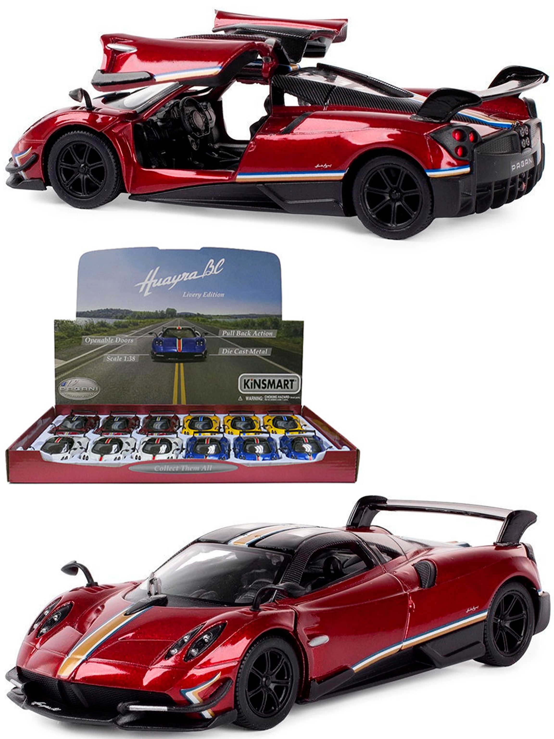 Металлическая машинка Kinsmart 1:38 «2016 Pagani Huayra BC с принтом» KT5400DF, инерционная / Красный