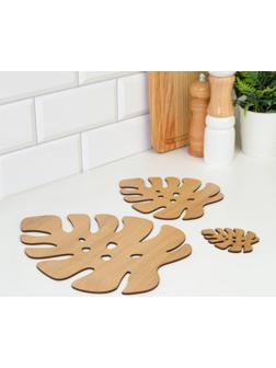 Набор из 3-х деревянных подставок под горячее, 25,6х20,4х0,3 см, 17,4х15,5х0,3 см, 8,2х6,9х0