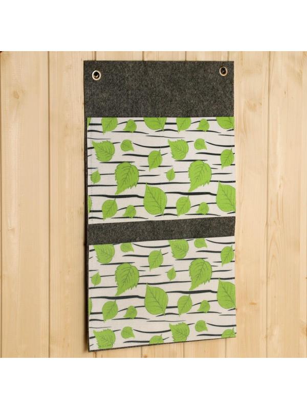 Вертикальный настенный подвесной органайзер на люверсах 3 отделения, принт березка, серый, 3